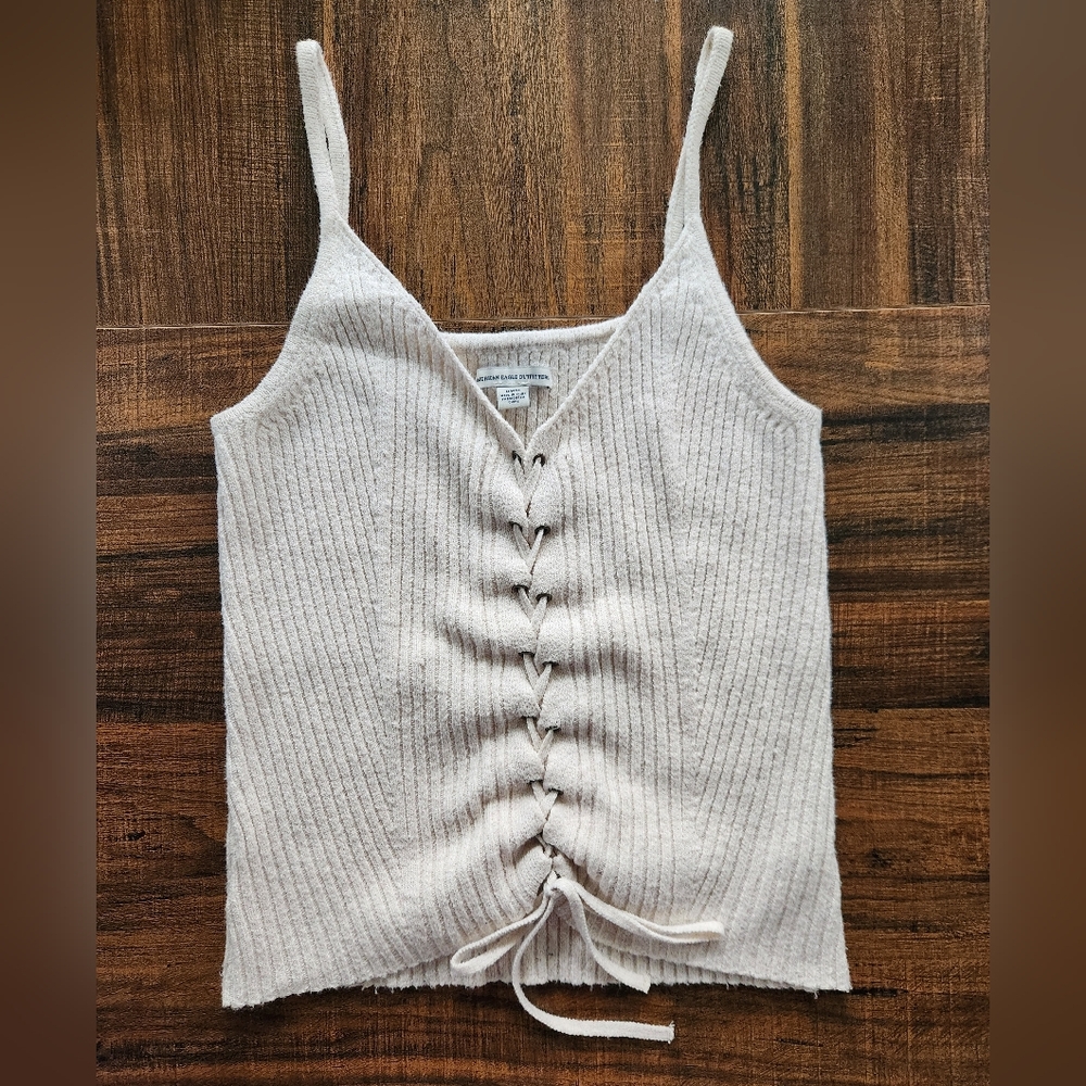 American Eagle Outfitters Cream Ribbed Lace-Up Cami